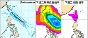 ▲菲律賓東方海面的熱帶擾動，向西北前進，下週一、二(29、30日)已在台灣附近，系集路徑相當收歛。（圖／三立準氣象.老大洩天機）