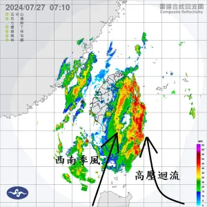 ▲對流區部分移入台灣東側的陸地，帶來時強、時弱的陣雨。