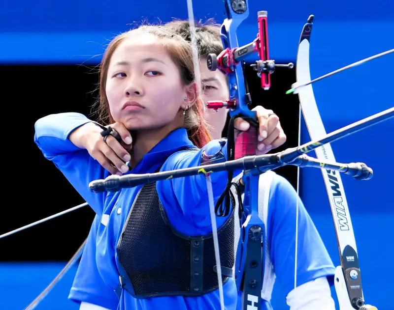 ▲邱意晴在女子射箭個人64強淘汰賽踢鐵板，提前遭淘汰（中華奧會提供）