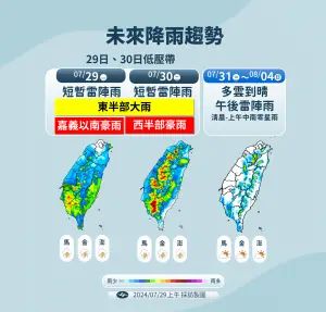 ▲今明兩天水氣較多，部分地區容易有大雨和豪雨發生，週三後才會轉為較穩定的天氣。（圖／中央氣象署）