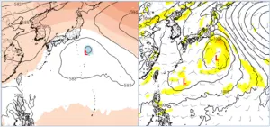 ▲台灣東方、日本南方有大低壓環流醞釀，位置偏北，環境導引也不利它接近台灣。（圖／「三立準氣象．老大洩天機」）