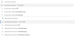 ▲利用Google中文介面搜尋實測搜尋暗殺未遂「attempted assassination」等關鍵字，可發現川普仍會出現在推薦搜尋之中。（圖／翻攝自Google）