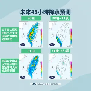 ▲今（30）日台灣天氣受「低壓帶」不穩定的環境影響，中央氣象署午後發布「大雨特報」。（圖／中央氣象署）