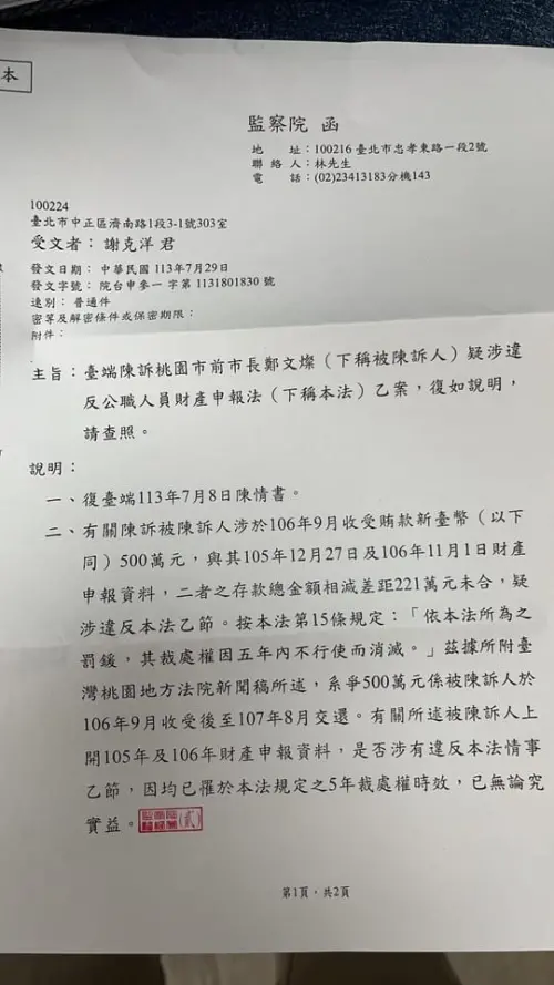 ▲謝克洋曬出監察院回函。（圖／翻攝自謝克洋臉書）