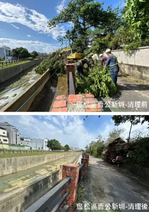 ▲鳥松區曹公新圳水防道路樹倒影響通行清理前後。（圖／高市府水利局提供）