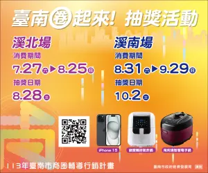 ▲2024臺南圈聯合抽獎活動溪北場活動時間為即日起至8月25日 (日) 止，溪南場則將於8月31日 (六) 起至9月29日 (日) 止舉辦。(圖／台南市政府提供)