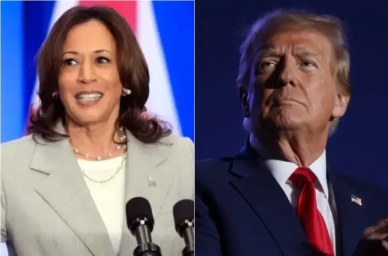 ▲最新賭盤開出，美國副總統賀錦麗（Kamala Harris）已成為博弈業者看好入主白宮的人選，凸顯她在造勢活動中氣勢正盛，賭盤勝率已超車過去兩週領先的前總統川普。（合成圖／美聯社／達志影像）