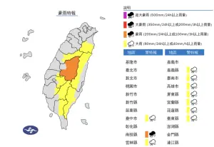 ▲午後對流發展旺盛，中央氣象署今（1）日針對10縣市發布「大雨、豪雨特報」。（圖／中央氣象署）