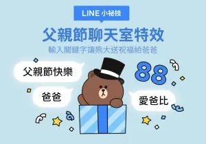 8月9日10點前,LINE 聊天室內輸入「父親節」、「爸」、「愛爸比」三組關鍵字,就會有跳出熊大一同慶賀父親節。(圖/官方提供) ▲8月9日10點前,LINE 聊天室內輸入「父親節」、「爸」、「愛爸比」三組關鍵字,就會有跳出熊大一同慶賀父親節。(圖/官方提供)