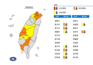 ▲中央氣象署針對9縣市發佈高溫燈號，台北市、新北市、彰化縣、雲林縣、高雄市為橙色燈號。（圖／翻攝自中央氣象署）