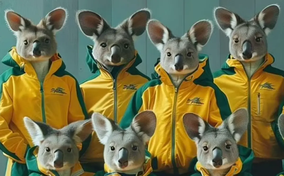 ▲有國外研究團隊試圖以AI生成多國奧運代表隊圖像，結果不甚理想。圖為AI認知中的澳洲隊員，是無尾熊與袋鼠的綜合體。（圖／翻攝自每日郵報）
