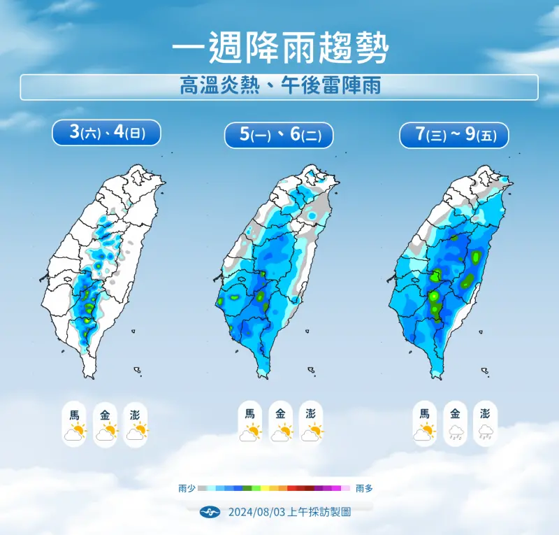 ▲下週一、週二靠近台灣，水氣增多，苗栗以南有不定時短暫陣雨或雷雨，新竹以北、宜蘭零星短暫陣雨。（圖／中央氣象署提供）