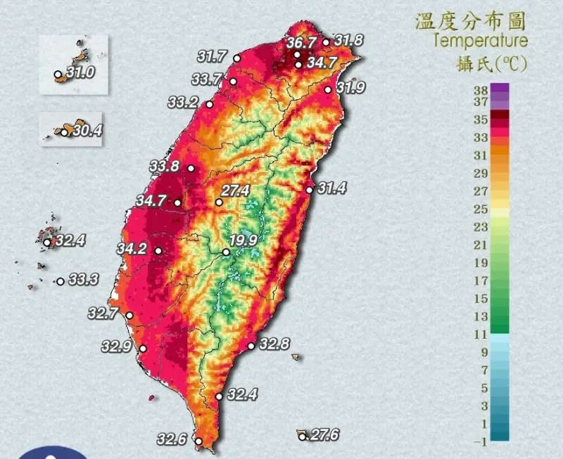 ▲今（4）日中午左右各地最高溫普遍都突破攝氏36度，溫度分布圖上呈現一片紅色。（圖／中央氣象署）