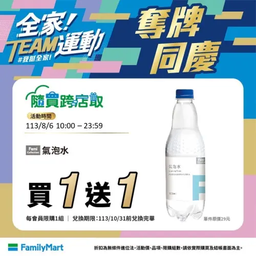 ▲全家8月6日上午10:00起，APP隨買跨店取有FMC氣泡水買一送一。（圖／業者提供）