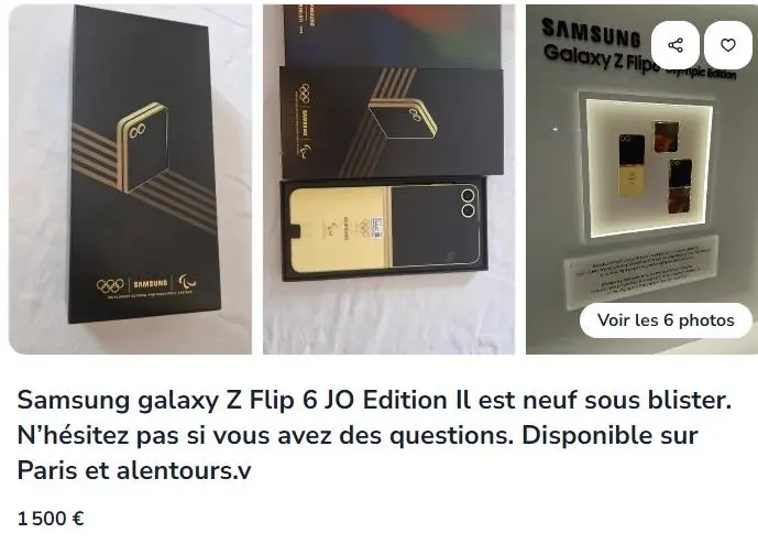 ▲奧運尚未結束,在二手網站上已經能見到三星電子提供給選手的Galaxy Z Flip6奧運版本手機。(圖/翻攝自Leboncoin)