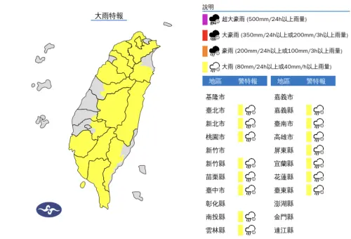 ▲中央氣象署發布「大雨特報」，今（7）日台灣西半部地區都要留意午後雷陣雨。（圖／中央氣象署）