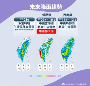 ▲受到低壓帶影響,今(8)起大雷雨連下6天,一路下到下周二(13)。(圖/氣象署提供) ▲受到低壓帶影響,今(8)起大雷雨連下6天,一路下到下周二(13)。(圖/氣象署提供)