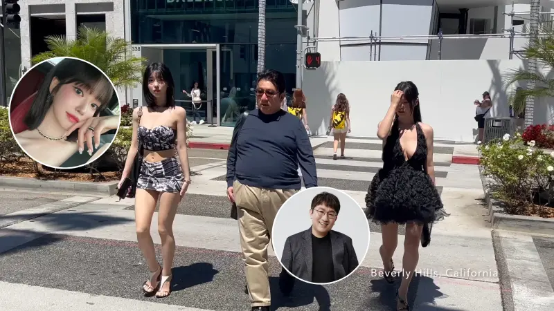 ▲「BTS爸爸」房時赫（中）8月跟知名BJ果汁世妍（左）與她姊姊在美國散步，意外被YouTuber拍下。（圖／翻攝I am WalKing YouTube）