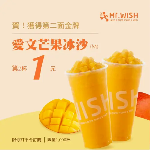 ▲奧運金牌Mr.Wish加碼「愛文芒果冰沙第二杯1元」限量1000杯優惠！閉幕「外送買一送一」喝3天。（圖／Mr.Wish提供）