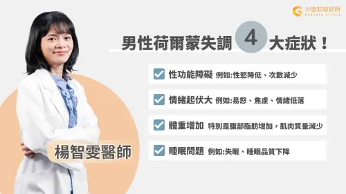 ▲楊智雯提醒，一旦出現性功能障礙、情緒起伏大、體重增加，特別是腹部脂肪上升以及睡眠質量下降等4大症狀，就要盡早留意。（圖／小宙初日診所提供）