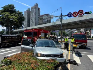 ▲胡男車輛撞進分隔島花圃後卡住。（圖／翻攝畫面）