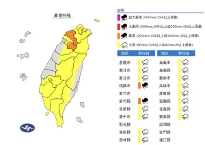 ▲氣象署發布「大雨、豪雨特報」，嘉義以南、宜蘭、南投地區及各地山區有局部大雨發生的機率。（圖／中央氣象署）