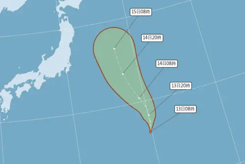 ▲今年第8號颱風「悟空」，在今天下午2時確定生成，預測路徑朝日本東方海面移動。（圖／中央氣象署）