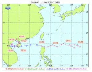 ▲2018年的山神颱風生成時，一度預估會侵襲台灣，不過後續從南方通過，無直接影響。（圖／中央氣象署）