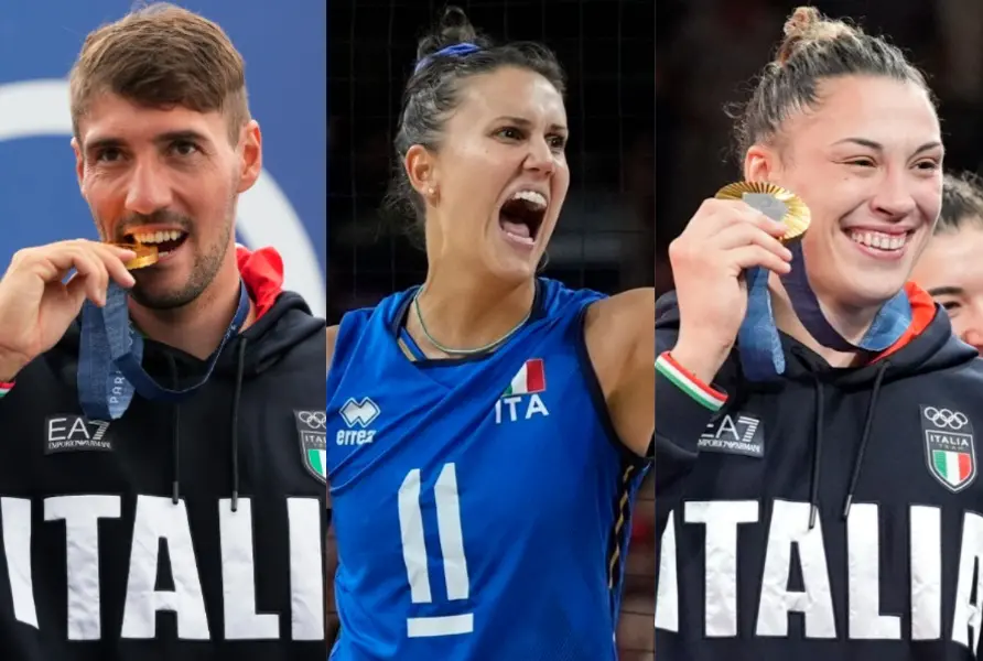 ▲男子輕艇激流K-1金牌迪吉那洛（Giovanni De Gennaro）、獲得奧運女排金牌的義大利女排最佳中間手隊長丹娜希（Anna Danesi）、女子柔道78公斤級金牌貝倫迪（Alice Bellandi）三人同樣來自義大利北部小鎮龍卡德萊。（合成圖／美聯社／達志影像）