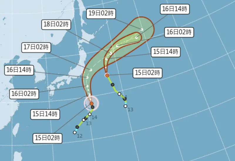 ▲安比颱風暴風邊緣掃過日本本州東南部，隨後大迴轉，悟空颱風則對日本無影響。（圖／中央氣象署）