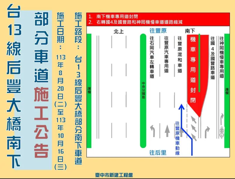 ▲后豐大橋管制期間請依現場指示改道(圖／建設局提供2024.8.16)