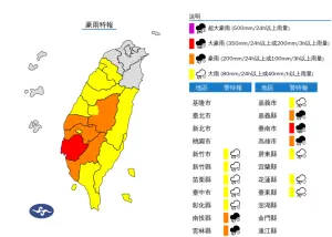 ▲今(16)日晚間台南市下起大豪雨，中南部各縣市也出現豪雨、大雨雨勢。（圖／中央氣象署）