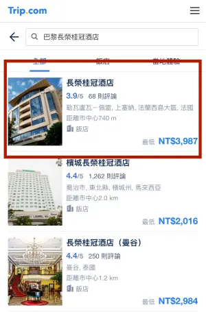 ▲記者今早實際於Trip.com操作，網頁版上頭的確無法找出「巴黎長榮桂冠酒店」，但是從手機App上還搜尋得到。（圖／翻攝Trip.com）