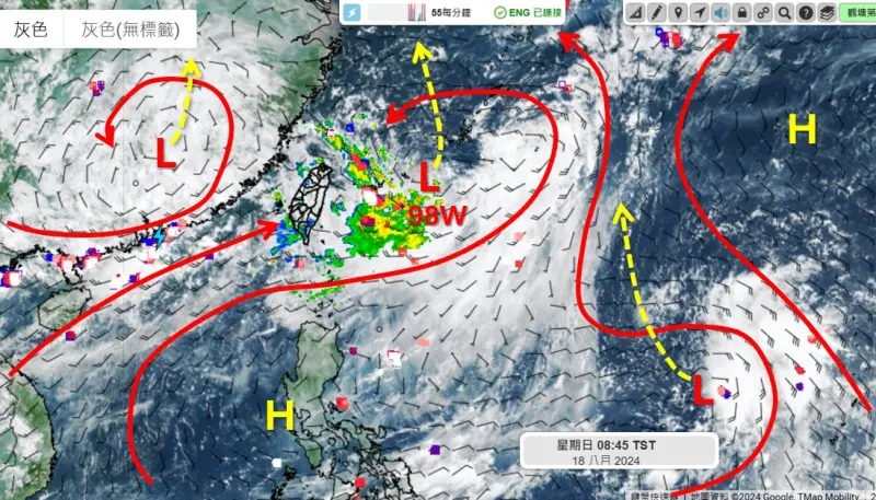 ▲受到季風低壓帶影響，台灣天氣短時間較難維持穩定，東側的低壓98W有機會變成熱帶性低氣壓。（圖／臉書天氣職人-吳聖宇）