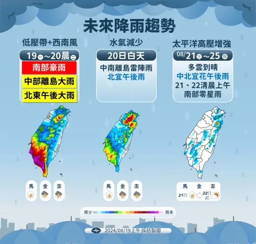 ▲雲雀颱風導致西南風增強影響，今明兩天中南部地區雨勢相當明顯。（圖／中央氣象署）