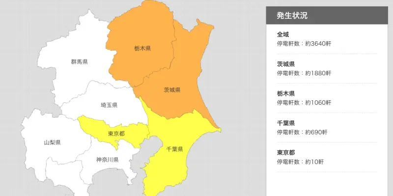 ▲日本關東地區晚間近4萬戶突然停電,東京電力在搶修一小時後稱約剩4千多戶家庭仍未恢復供電。(圖/翻攝自東電)