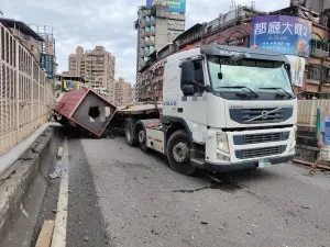 ▲▲忠孝橋聯結車翻覆。（圖／翻攝畫面）