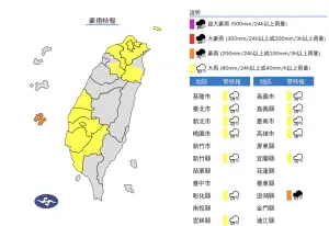 ▲氣象署發布「大雨特報」，民眾請注意雷擊及強陣風，山區請慎防坍方、落石及溪水暴漲。（圖／中央氣象署）