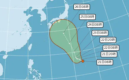 ▲台灣東側外海，今天上午8時出現新的「熱帶性低氣壓」，預估最快明（22）日就有機會增強成為第10號颱風「珊珊」。（圖／中央氣象署）