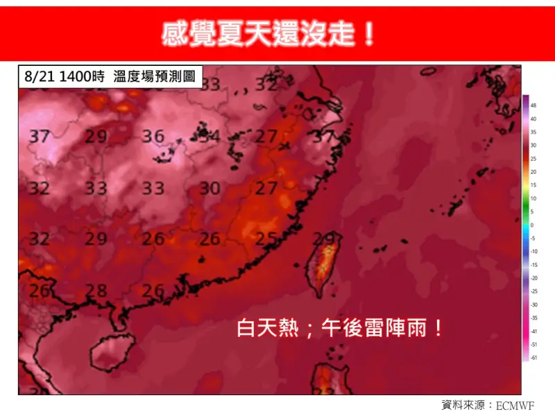 ▲隨著太平洋高壓的增強，未來一週全台高溫都落在攝氏33至35度，部分地區將達攝氏36度以上。（圖／林老師氣象站臉書）