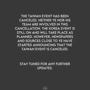 ▲肯伊威斯特團隊宣布取台灣站演出,沒有透露詳細原因。(圖/翻攝自X) ▲肯伊威斯特團隊宣布取台灣站演出,沒有透露詳細原因。(圖/翻攝自X)