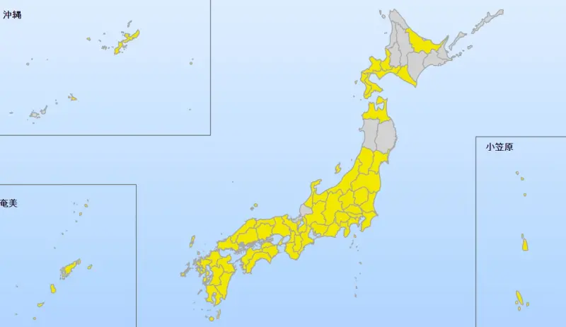 ▲日本氣象廳接連兩日針對日本多數區域發布黃色警戒的閃電注意報，今日中午已陸續有雨勢出現。（圖／日本氣象廳官網）