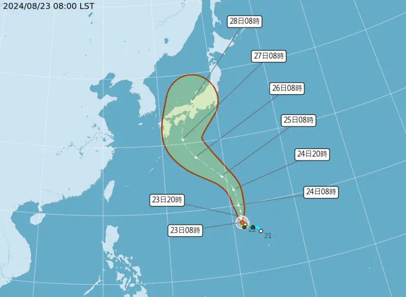 ▲珊珊颱風往日本前進，尤其8月27日至28日前往日本本州或四國的旅客要特別注意。（圖／中央氣象署提供）