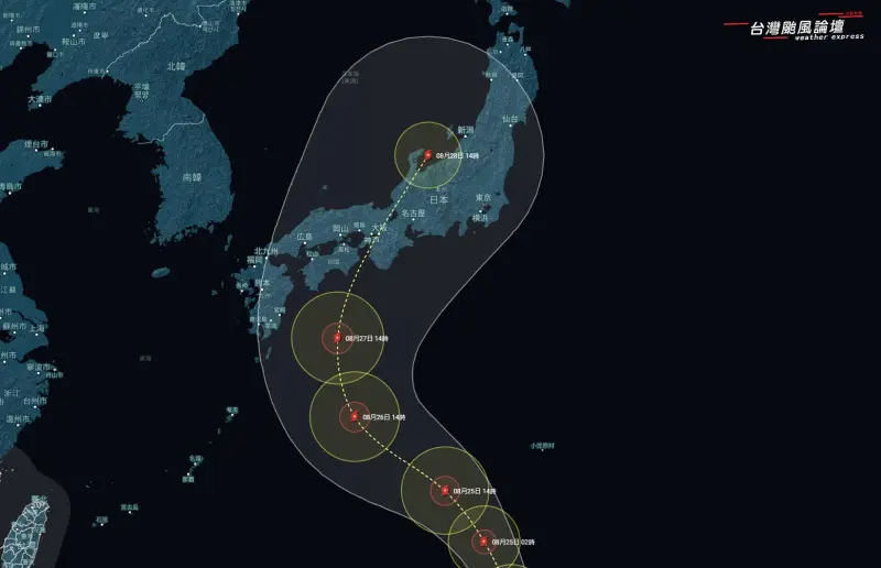 ▲珊珊颱風將在下週二、下週三（27、28日）之間貫穿日本，首當其衝的地區包括大阪、京都、高松、富山、名古屋。（圖／取自「台灣颱風論壇｜天氣特急」）