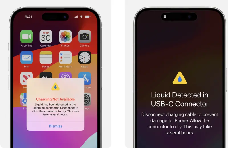 ▲如果iPhone 進水，手機會跳出提醒並暫停充電，如果連接埠在潮濕狀態下繼續充電，連接埠的針腳或連接線可能會受到侵蝕，造成手機永久損壞。（圖／官方提供）