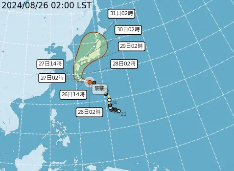 ▲吳德榮表示，珊珊颱風最新路徑顯示，目前正逐漸逼近日本九州南方海面，明日至週六將大迴轉轉向東北，且於明日強度達到最強。（圖／中央氣象署）