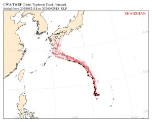 ▲珊珊颱風預報路徑（紅線）一路往西調整，實際路徑（黑線）也比預報偏西。（圖／天氣職人-吳聖宇臉書）