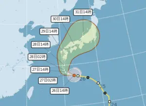 ▲珊珊颱風路徑朝日本前進，週二起風雨就會開始影響，可能一路持續到週末。（圖／中央氣象署）