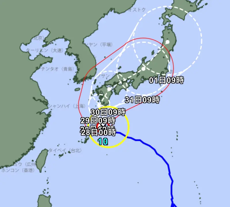 ▲珊珊颱風將侵襲日本，日本氣象廳預測路徑可能貫穿日本全境。(圖／日本氣象廳）