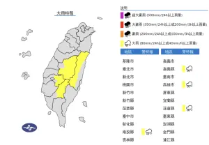 ▲氣象署發布「大雨特報」提醒，今日南投、嘉義、高雄及花蓮山區有局部大雨發生的機率。（圖／中央氣象署）